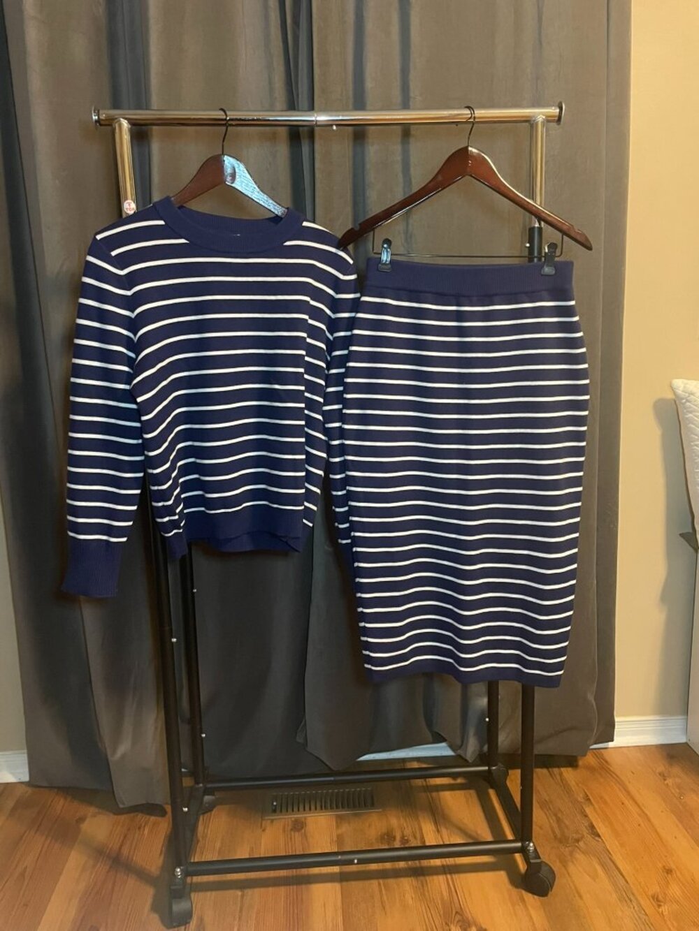 Sweater Top Skirt Set, Blue White Stripe, M